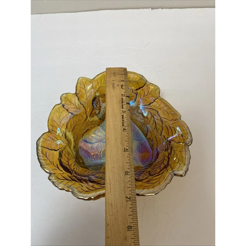 Vintage Indiana Carnival Glass Loganberry Leaf Amber Marigold Candy Dish Bowl
